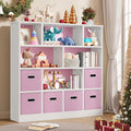IRONCK Toy Storage Organizer with 6 Bins, Wooden 4-Tier Floor Standing Open Bookshelf Storage Cubby, 12-Cube Storage Shelf Bookcase, Kids Bookshelf and Toy Storage, Pink