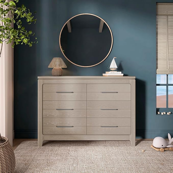 Evolur Oakley Double Dresser – 6 Drawer Nursery & Bedroom Dresser, Solid Poplar Wood Storage Organizer, Weathered Grey Finish, Durable Modern Design