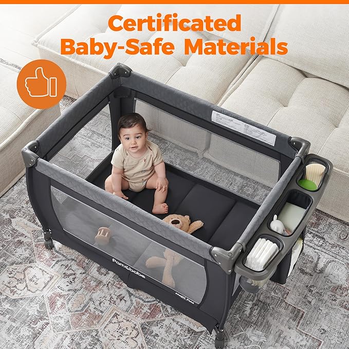Pamo Babe 1-Second Setup 4-in-1 Playard for Babies - Heavy-Duty Steel Frame for Safe Sleep Space, Portable Crib with Changing Table, Locking Wheels, Breathable Mesh