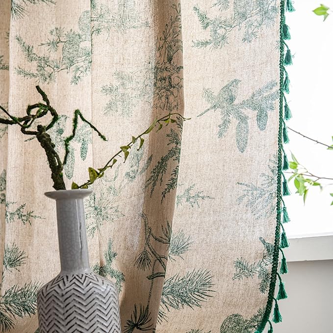 Boho Curtains with Tassel Bohemian Green Semi-Blackout Drapes 84 Inch Length Cotton Linen Farmhouse Window Curtain Panels Floral Pattern Rod Pocket Curtain for Living Room Bedroom, 2 Panel