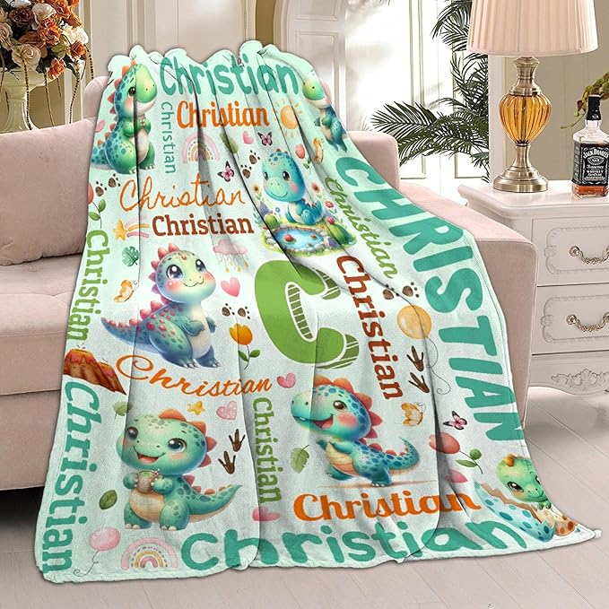 Personalized Custom Green Dinosaur Blanket Gifts for Kids Boys Girls with Name - Customized Green Dinosaur Super Soft Lightweight Flannel Sheets Decor for Crib Nap Couch - 90"x120" for Whole Family