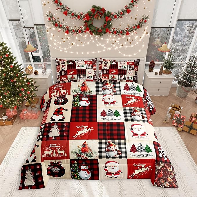 Christmas Comforter Set King Size,Red Plaid Holiday Design Bedding Set 3pcs,Snowman Santa Claus New Year Patchwork Down Comforter for All Season, Kids Boys Girls Room Decor,2 Pillowcases,No Sheets