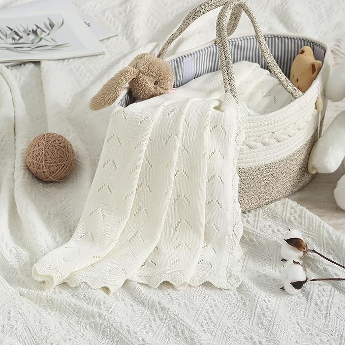 Baby Blanket 100% Cotton Knit Swaddle Soft Newborn Receiving Blanket Cozy for Boy/Girl Crib,Stroller White 40x30in