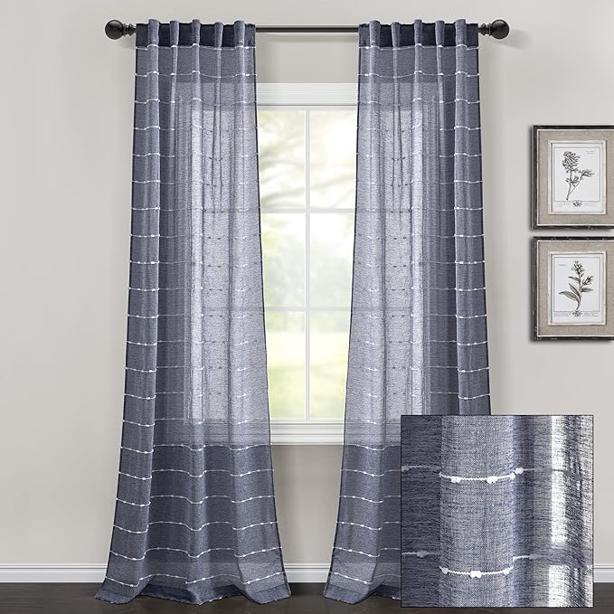 Lush Decor Farmhouse Textured Back Tab/Rod Pocket Sheer Window Curtain Panel Pair, 38"W x 84"L, Navy