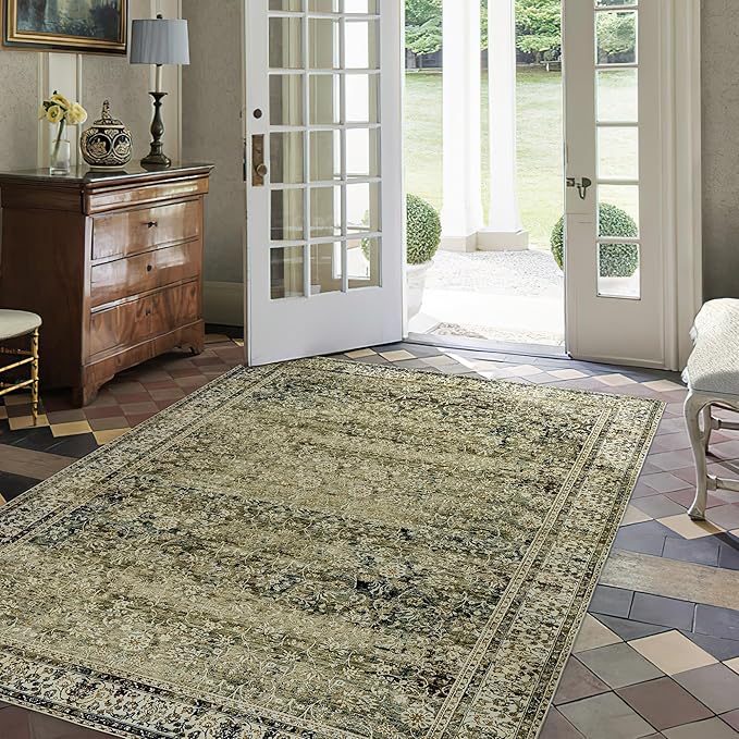 Olive Green Boho Area Rug 5 x7 for Living Room Washable Faux Wool Low Pile Stain Resistant Rubber Backed Cottagecore Neutral Bedroom Nursery Rugs 5x7