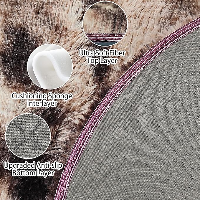 4 ft Round Fluffy Brown Rug for Bedroom,Tie Dyed Furry Round Carpet Non Slip Fuzzy Shaggy Plush Circle Area Rug Rug for Living Room Teen Room Nursery Room Playroom Kids Room Home Decor Washable