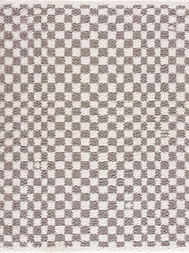 Hauteloom Kieu Contemporary Checkered Fluffy Shag Area Rug - Modern Geometric Soft Carpet Tiles for Living Room, Kids Room, Nursery - Gray, Light Grey, White - 6'7" x 9'