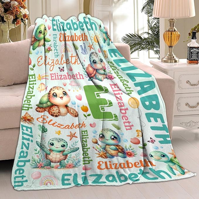 Personalized Custom Cute Turtle Blanket Gifts for Kids Boys Girls with Name - Customized Cute Turtle Super Soft Lightweight Flannel Sheets Decor for Crib Nap Couch - 50"x60" for Teens