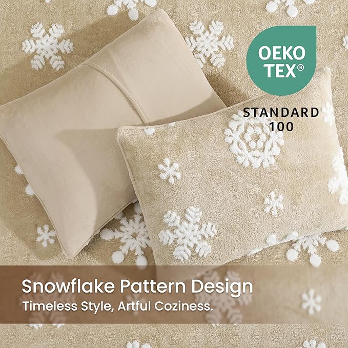 Amélie Home Christmas Comforter Set King, Beige Snowflake Comforter Set, Super Soft Fluffy Fleece Bedding Set for Winter, 3 Pieces, 1 Cozy Comforter and 2 Pillowcases