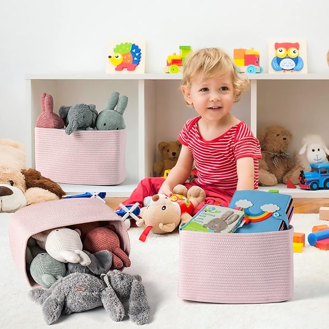 Cotton Rope storage Basket Bins Woven Basket for Organizing Shelves 14.5X9.5X9.3" Rectangle Decorative Baskets For storage Clothes Toys Books Towels Nursery basket organizer 3 pack light pink