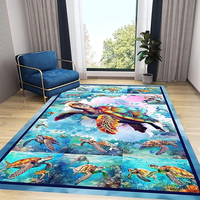 Turtle Area Carpet, 4x5ft, Colorful Ocean Themed Sea Turtle Floor Rugs, Blue Underwater Painting Rugs for Home Decoration, Fade Resistant Soft Foldable Mats for Dorm Family Entrance