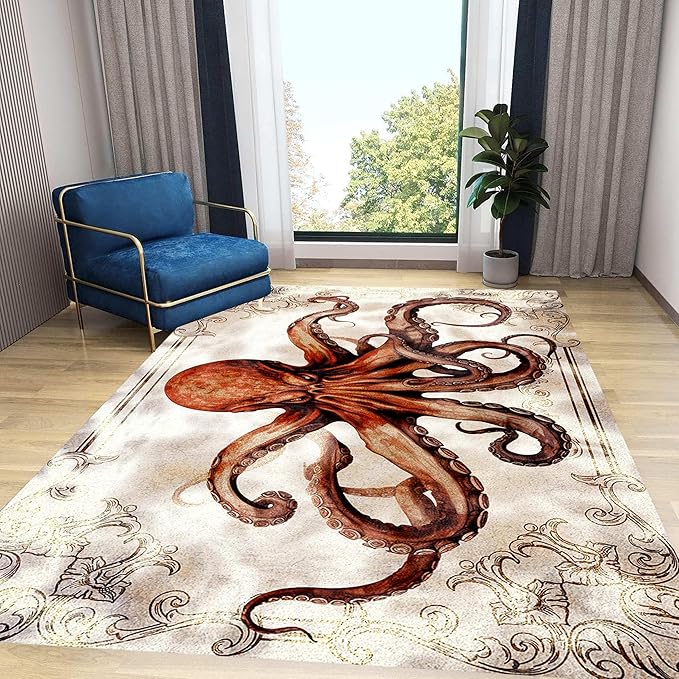 Octopus Area Rugs, 6x8ft, Vintage Ocean Octopus Print Indoor Throw Rug, Fade Resistant Durable No Crease Carpet, Rubber Backed Anti-Slip Printed Carpets for Bedside Dining Table