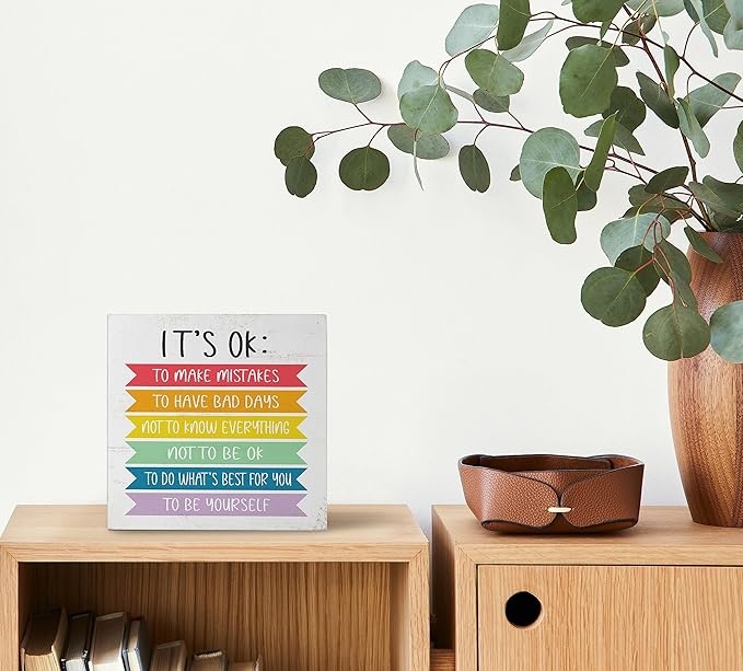 Mtrgdn Therapy It's OK not to Be OK Wood Box Sign Desk Decor Inspirational Quotes Wooden Box Block Sign Decorations for Home Bedroom Classroom Wall Tabletop Desk Decor