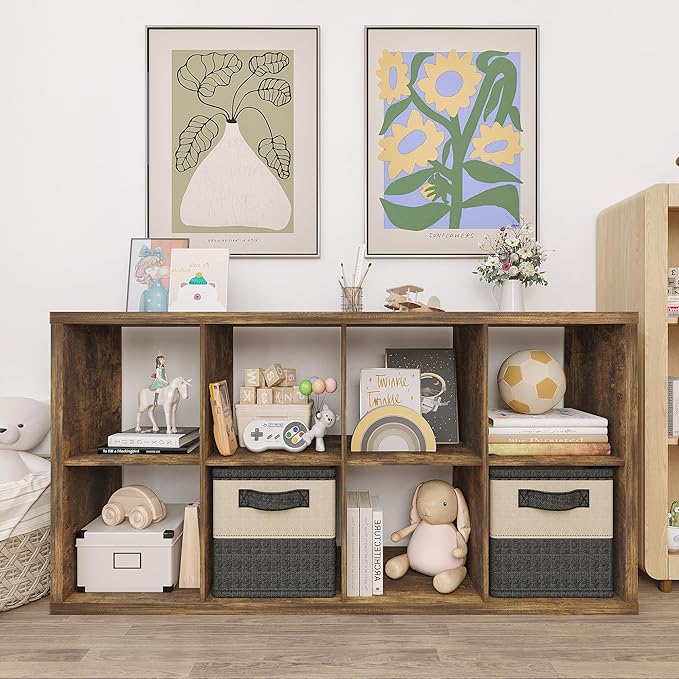 14.6" x 30" x 57.9" Eight Cubed Storage Organizer, Wood Cube Storage Organizer with 8 Cubbies, 8 Cubes Shelving for Office, Bedroom, Living Room, Playroom, Brown