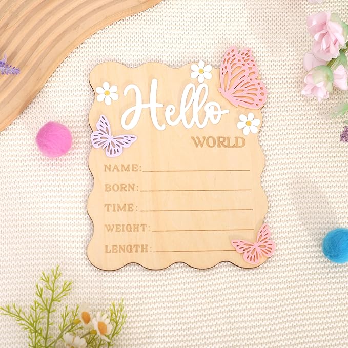 Butterfly Daisy Hello Worid Board - Little Butterfly Birth Announcement Sign, Wooden Hello World Card for Hospitals, Newborn Birth Information Record Board, Daisy Nursery Decorations Photo Props