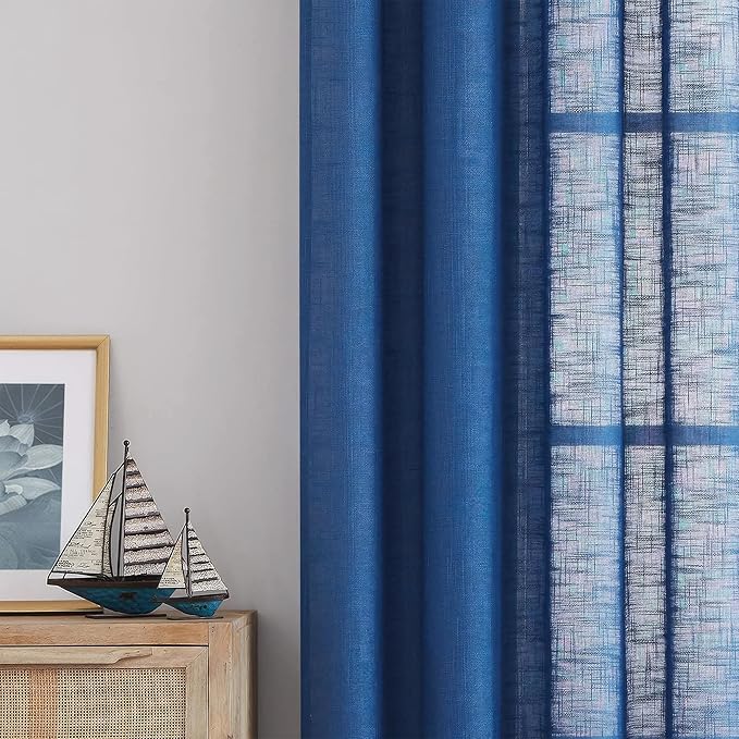 FMFUNCTEX Linen Semi Sheer Navy Blue Curtains for Bedroom Living Room, Blue Curtain Panels 84 Inches Long Sheer Linen Textured Window Drapes Farmhouse Light Filtering 2 Panels Rod Pocket