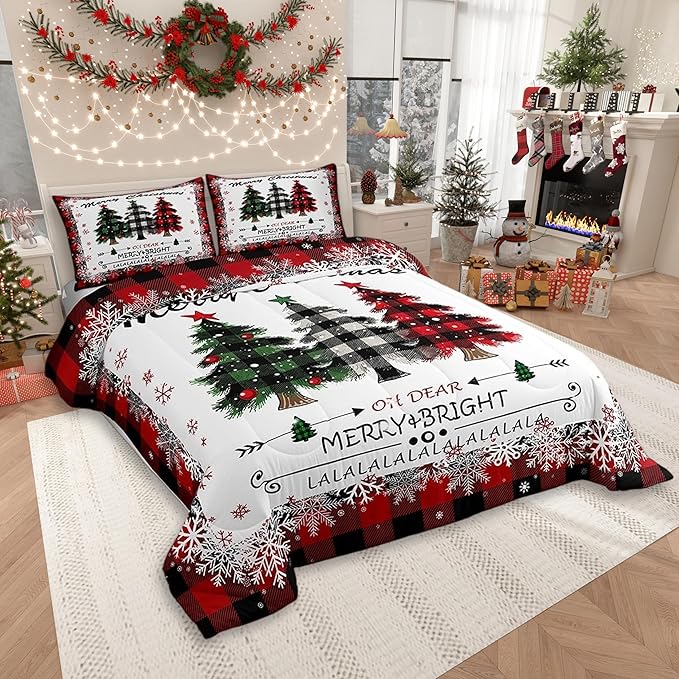 Christmas Comforter Set Full Size, Red Plaid Xmas Trees Bedding Set 3pcs , Winter Snowflake New Year Reversible Down Comforter for All Season, Kids Boys Girls Room Decor, 2 Pillowcases, No Sheets