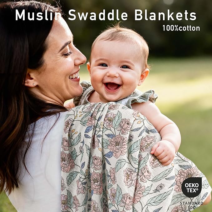 Muslin Swaddle Blankets for Newborn, 3 Pack Breathable Soft Receiving Blanket, Large 38 x 40 inches Swaddle Wrap Burping Clothes, Essentials Infant Shower Items, Toddler Gift (Cute Flower, 3 Pack)