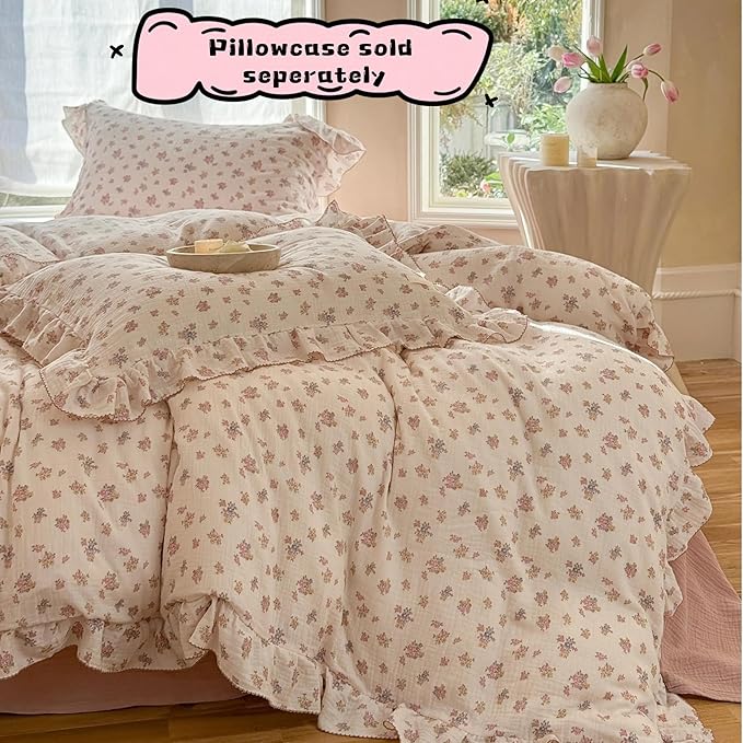 BuLuTu 2 Layers Muslin Cotton Duvet Cover for Full Bed, Chic Ruffles Tuberose Floral Pattern Comforter Cover Twin Children Bedding Quilt Covers, No Pillow Case, Zipper Cloruse, 4 Ties