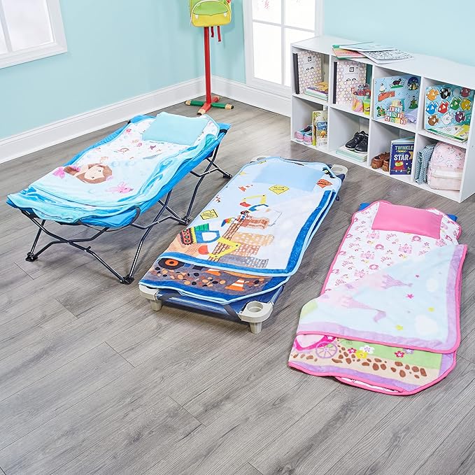 EVERYDAY KIDS Cute Preschooler and Toddler Cot Nap Mat for Home, Daycare, Preschool and Kindergarten; Easy to Roll Sleeping Mat with Elastic Straps, Pillow and Blanket