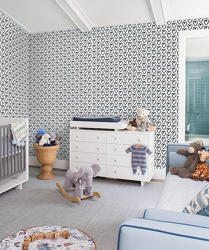 Timeet Modern Black White Wallpaper Peel and Stick Wallpaper Heart Contact Paper Vinyl Self Adhesive Wall Paper for Kids Room Bedroom Laundry Decoration Vinyl Roll 17.7"x394"