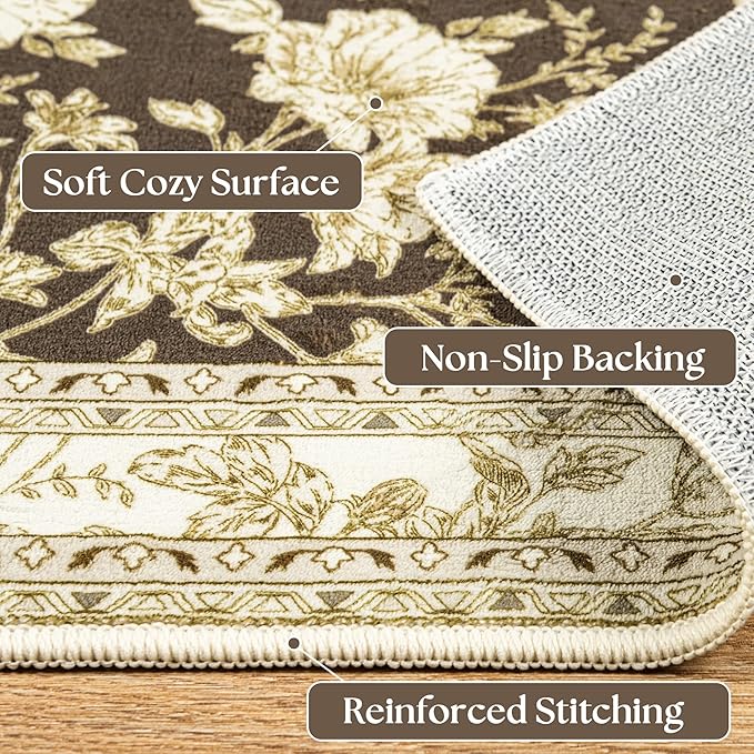 Brown Floral Print Area Rugs for Bedroom Living Room Boho Farmhouse Country Rustic Dining Room Carpet Soft Washable Rugs Non Slip Floor Covering for Nursery Playroom 10x14