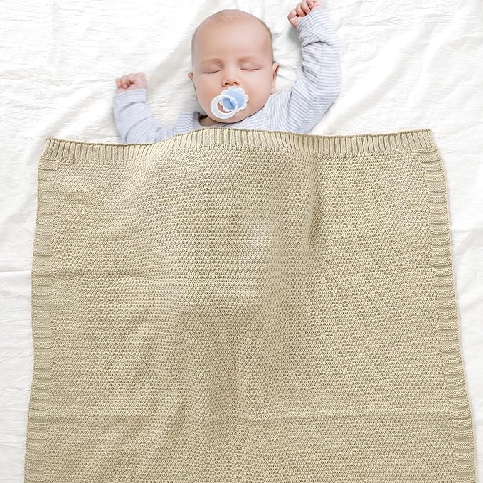mimixiong Baby Blanket Knit Swaddle Blanket Soft Warm Crochet Neutral Receiving Unisex Baby Blanket for Boys and Girls Light Camel40 x 30 inches