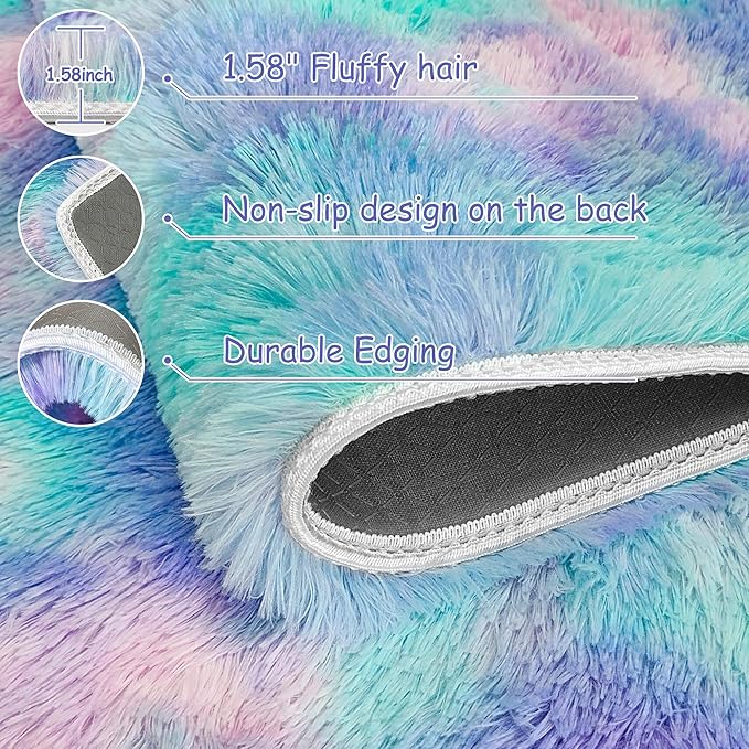Soft Fluffy Purple Rainbow Rug for Bedroom Kids 6x9 Mermaid Stitch Rugs for Girls Bedroom Fuzzy Shag Carpet Cute Plush Shaggy Rugs for Living Room Kids Room Baby Toddler's Room Nursery Decor