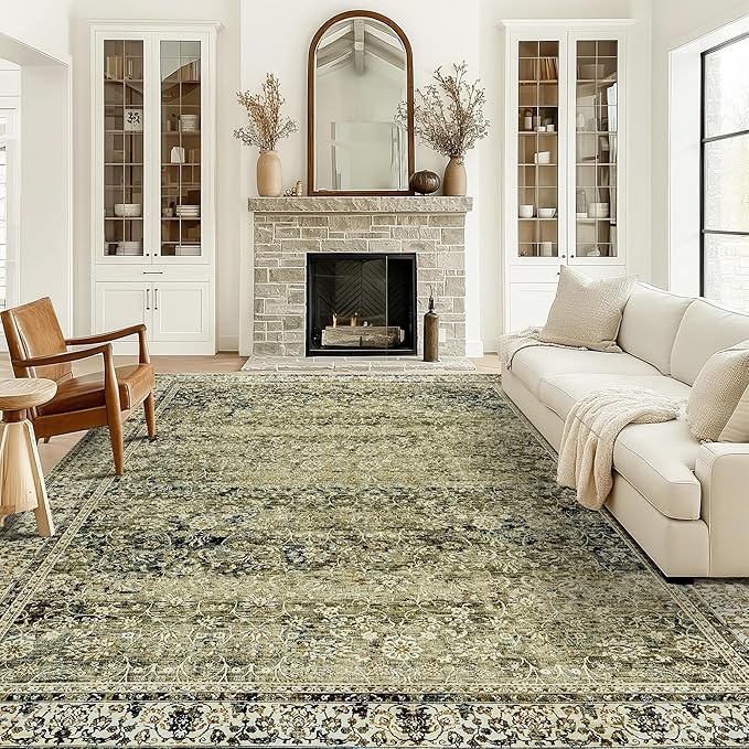 Large Boho Area Rugs 8x10 for Living Room,Low Pile Stain Resistant Neutral Vintage Faux Wool Machine Washable Rugs Carpet for Bedroom Dining Room,Olive Green and Cream