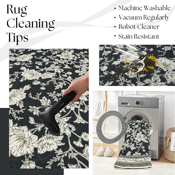 Black Floral Area Rug for Entryway 2x3 Washable Small Rug Low Pile Non Slip Distressed Entry Mat Soft Farmhouse Indoor Entrance Door Mat for Kitchen Bedroom Black with Beige Cream Taupe Floral Design