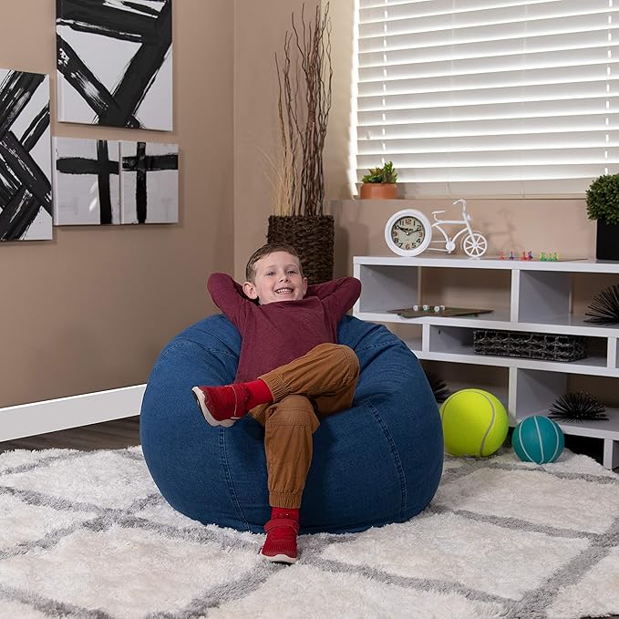 EMMA + OLIVER Small Denim Bean Bag Chair for Kids and Teens