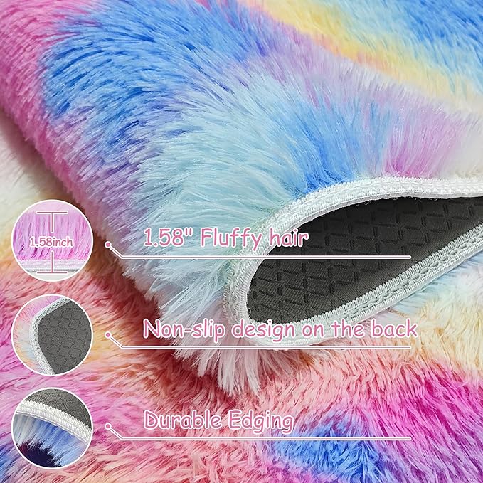 Hot Pink Rainbow Rug for Girls Bedroom Runner 2x6, Fluffy Soft Bedroom Runner Rug for Bedside, High Pile Plush Shag Carpet for Kids Room Living Room Hallway Nursery Unicorn Home Decor Tie Dyed