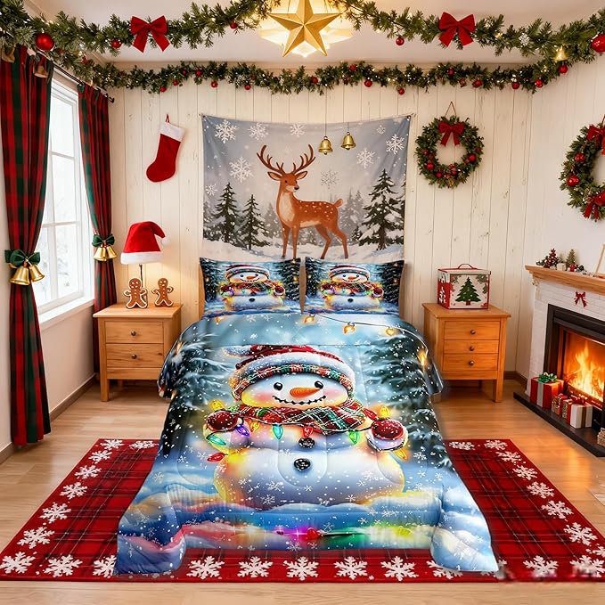 Lovely Snowman Kids Comforter Set Twin Size,Xmas Colorful Lanterns Snowflake Bedding Set Boys Girls Room Decor,Winter Merry Christmas Quilt Comforter,Rainbow Duvet Set Bedroom Quilt Set,1 Pillowcase