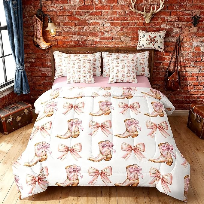 7 Pieces Western Cowgirl Comforter Set Full,Pink Bowknot Cowgirl Boots Rustic Farmhouse Bedding Set,Bow Tie Geometric Patchwork Golden（Comforter+Fitted+Flat Sheet+2 Pillowcases+2 Throw Pillow Covers）