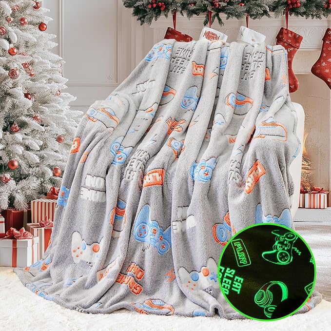inhand Glow in The Dark Blanket Gaming Gifts for Boys Controller Kids Throw Gamer Blanket Gamer Toys for Kids Boys Game Gamepad Presents Birthday Easter Halloween Grey 40"x60"