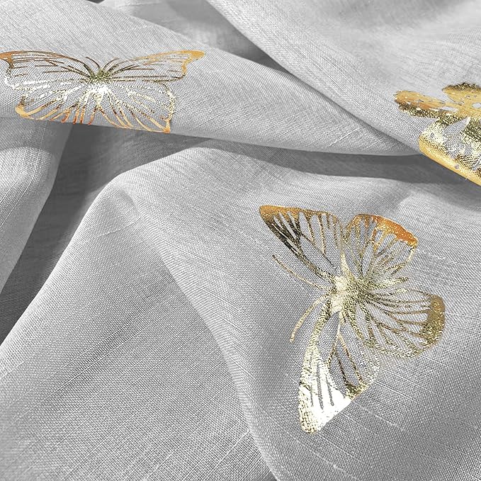 Jubilantex Grey Sheer Curtain with Gold Butterfly Pattern for Kids Room, Linen Textured Rustic Metallic Print 84 Inch Rod Pocket Window Drapes for Girls Bedroom Living Room, 2Panels