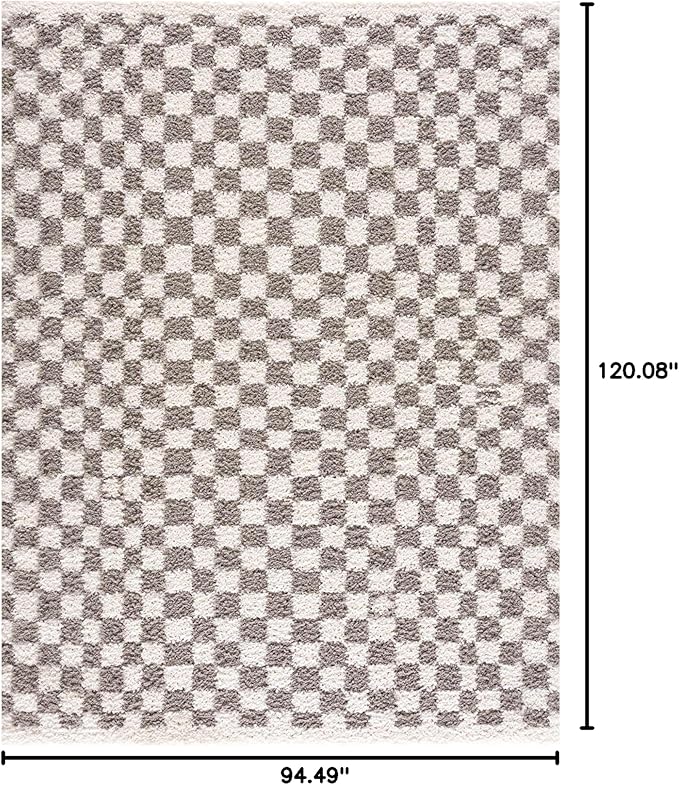 Hauteloom Kieu Contemporary Checkered Fluffy Shag Area Rug - Modern Geometric Soft Carpet Tiles for Living Room, Kids Room, Nursery - Gray, Light Grey, White - 7'10" x 10'