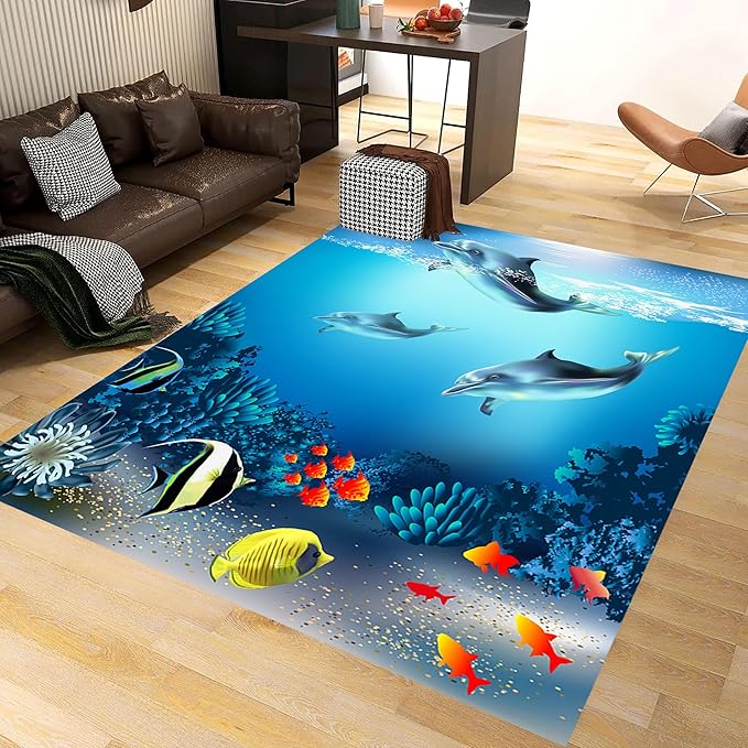 Sea Dolphin Indoor Area Mat, 4x6ft, Ocean Beach Coral Fish Bathroom Rug, Blue Ocean Theme Reduce Noise Home Decor Mat, Nursery Decor Washable Nonskid Carpet for Office Floor Sofa