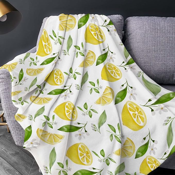 Thuswarm Watercolor Lemon Fruit Print Flannel Throw Blanket Warm Cozy Soft Funny Print Blankets for Bed Couch Sofa Room Decoration Gifts 80”×60” Large for Adult