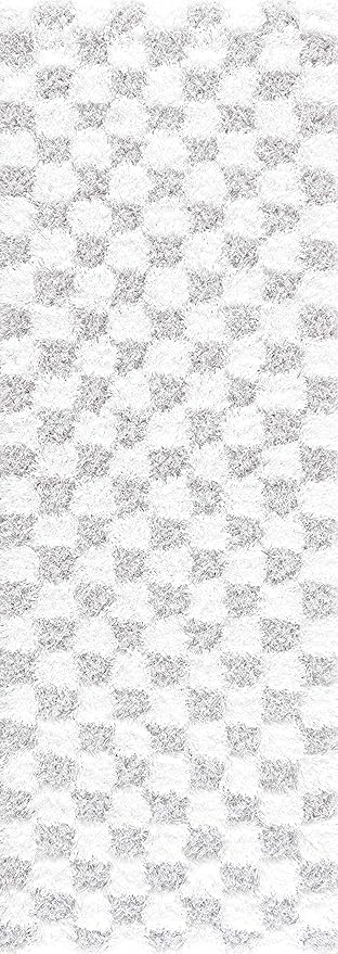 Hauteloom Atira Contemporary Checkered Fluffy Shag Area Rug - Modern Geometric Carpet Tiles for Living Room, Kids Room, Nursery - Plush Pile - Light Gray,Cream - 4' x 6'