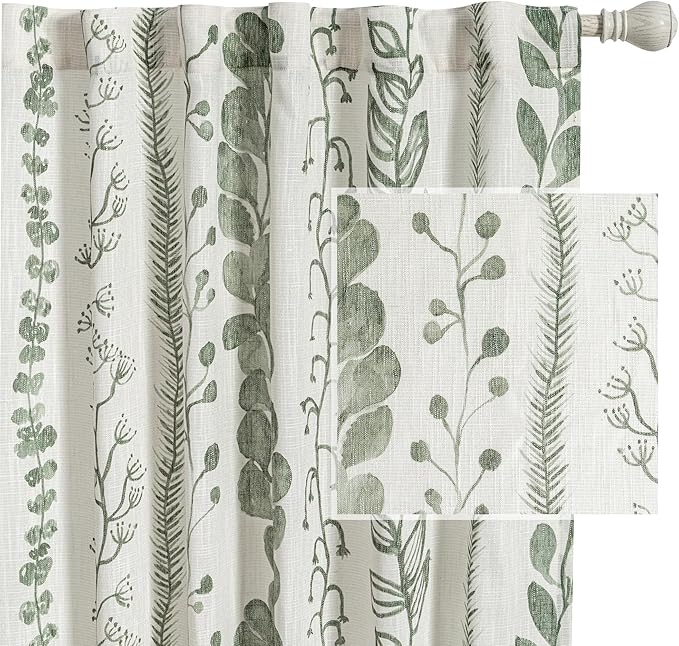 MEETSKY Sage Green Curtains 84 Inches Long 2 Panels Boho Curtains for Living Room Light Filtering Patterned Drapes for Bedroom Linen Style Back Tab Leaf Print Window Treatment, 50” Wide Each Panel