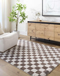 Hauteloom Canika Modern Checkered High Pile Area Rug - Contemporary Geometric Carpet for Living Room, Bedroom - Machine Washable Area Rug - Peach, Dark Brown - 2' x 2'11"
