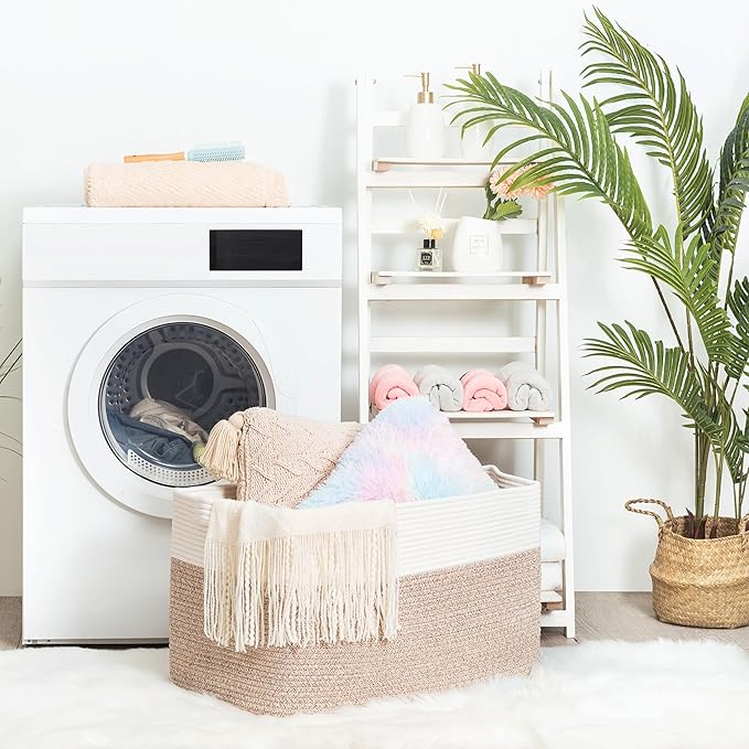 MINTWOOD Design 22in Extra Large Blanket Basket Holder Living Room, Rectangle Rope Woven Storage Basket with Handles for Laundry, Pool Towels, and Shoes, Dog Toy Organizer Bin Box, Light Brown