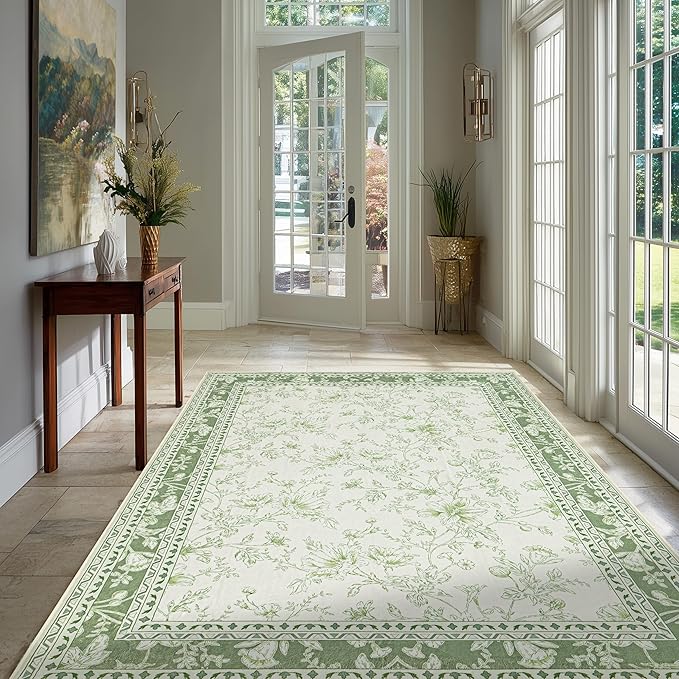 Green 4x6 Small Rug for Living Room Cream Beige and Sage Green Area Rug for Kitchen, Bedside, Dining Room, Laundry, Large Entryway Indoo Non Slip with Rubber Backing, Boho Aethestic Farmhouse D閏or