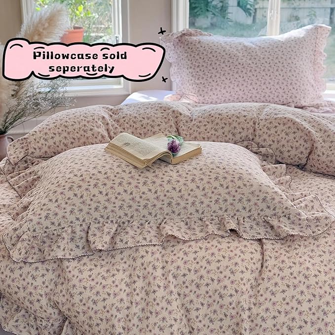 BuLuTu Purple Floral Kids Teens Duvet Cover Full, Cotton Muslin Quilt Cover Chic Cottage Bedding Ruffles Comforter Covers with Zipper Closure, No Pillow Cases, Soft Breathable