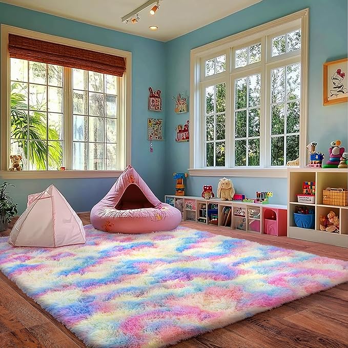 Rainbow Rug for Living Room, 9x12 Area Rug for Cute Girls Room, Bedside Indoor Floor Fluffy Shag Carpet, Plush Soft Rug for Bedroom Nursery Dorm Home Decor