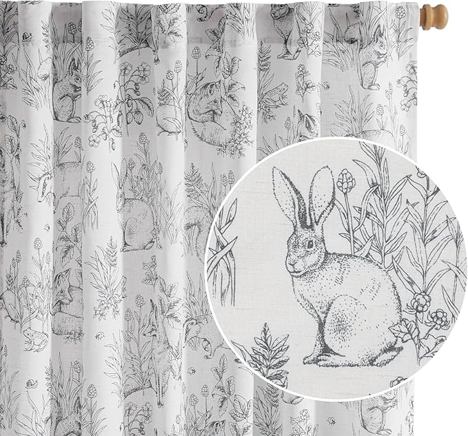 jinchan Linen Nursery Curtains 84 inch Long Woodland Wildlife Black Print Drapes for Kid's Room Light Filtering French Country Farmhouse Curtains with Bunny and Forest Design Set of 2 Panels