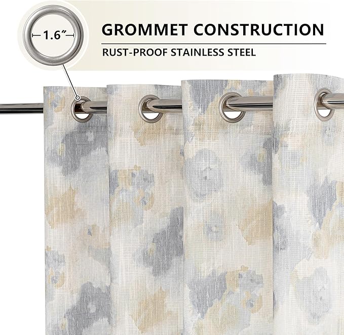 MYSKY HOME Floral Curtains 84 Inch Long for Girls Bedroom, Yellow Curtains for Living Room, Farmhouse Country Light Filtering Grommet Semi Sheer Natural Drapes Grey Colorful Design W52, 2 Panels