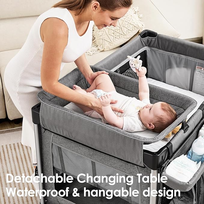 4-in-1 Baby Bassinet with Mattress - One-Push Setup Playard - Bedside Crib with Diaper Changer from Newborn to Toddler (Grey)
