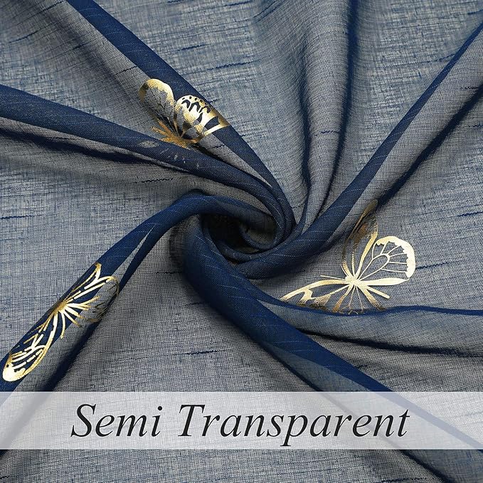 Jubilantex Butterfly Sheer Curtains Navy Blue Drapery with Gold Print Pattern 63 Inch Long, Kids Nursery Bedroom Voile Linen Textured Curtain Rod Pocket Window Drapes, 2 Panels